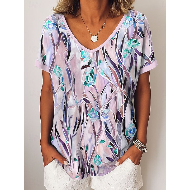 Women's T Shirt Graphic Plants Vintage Casual Short Sleeve V Neck Regular Tops Daily Weekend Vacation Wear Print Blue Purple Green Summer Spring2