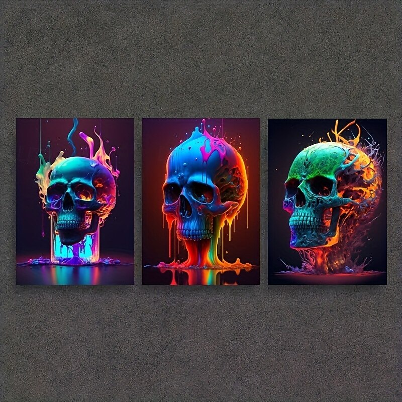 Abstract Neon Skull Color Canvas Art Gorgeous Flame Poster Print Unframed Living Room Bedroom Home Decoration Suitable for Halloween4