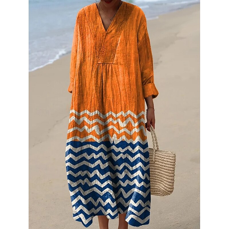 Women's Midi Dress V Neck Long Sleeve Kaftan Lightweight Loose Fit A Line Dress Casual Boho Party Going out Graphic Geometric Long Sleeve V Neck Yellow Purple Orange Fall3