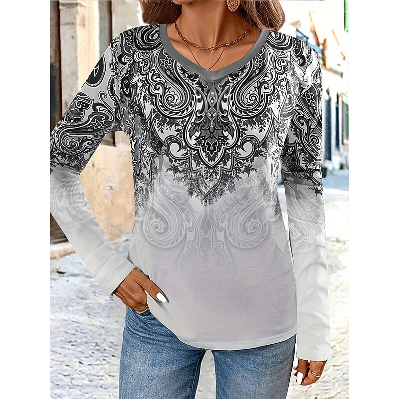 Women's T Shirt V Neck Long Sleeve Tunic Graphic Geometry Vintage Stylish Casual Regular Tops Daily Print Red Blue Purple Green Gray Spring Fall3
