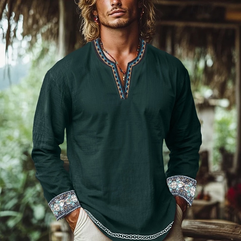 Men's Shirt Linen Shirt Popover Shirt Summer Shirt Beach Shirt Solid Color Vacation Casual Green Long Sleeve V Neck Summer Spring Clothing Apparel Patchwork