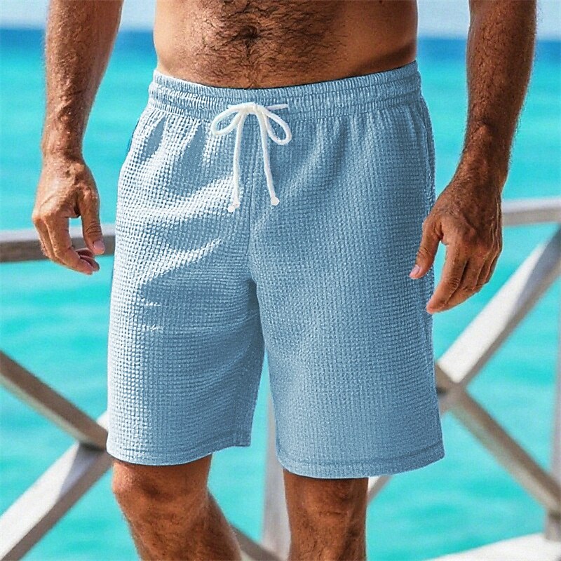 Men's Waffle Shorts Shorts Summer Shorts Casual Shorts Drawstring Pocket Elastic Waist Plain Comfort Breathable Short Outdoor Vacation Sport Casual White Pink - Main Image