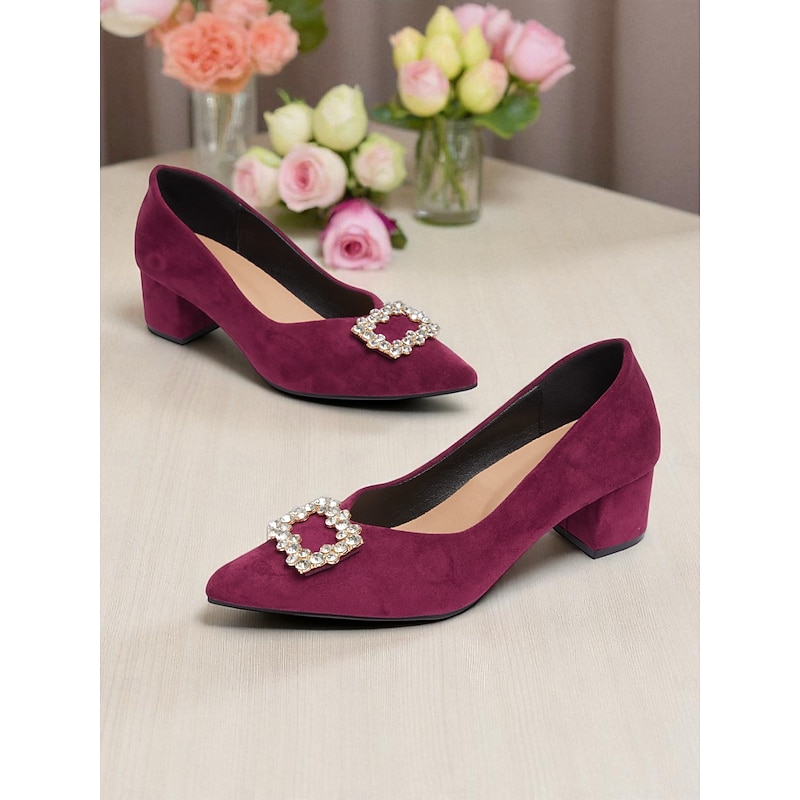 Women's Burgundy Suede Block Heel Pumps with Rhinestone Buckle - Elegant Retro Style Dress Shoes for Ladies, Ideal for Office, Weddings, and Parties2