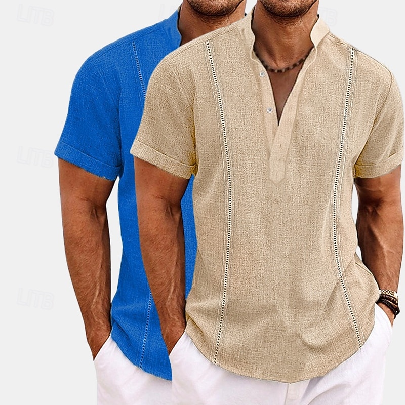 Men's Shirt Linen Shirt Guayabera Shirt Band Collar Shirt Popover Shirt Summer Shirt Plain Vacation Curise White+khaki White+Navy Blue Green+Khaki Khaki+Navy Blue Short Sleeve Collar Summer Spring2