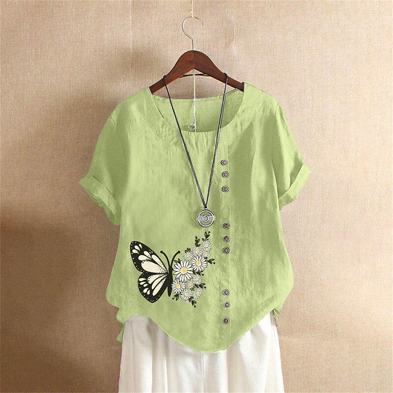 Women's Cotton Linen Shirts Animal Butterfly Elegant Vintage Tropical Short Sleeve Crew Neck Regular Tops Daily Holiday Vacation Wear Buttons White Army Green Navy Blue Blue Brown Summer Spring4