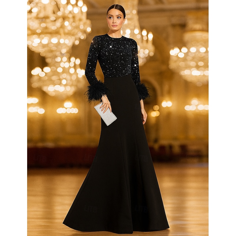 Red Black Tie Sequin Mermaid Evening Gown Elegant Dress Formal Wedding Floor Length Long Sleeve Crew Neck Stretch Crepe with Feather