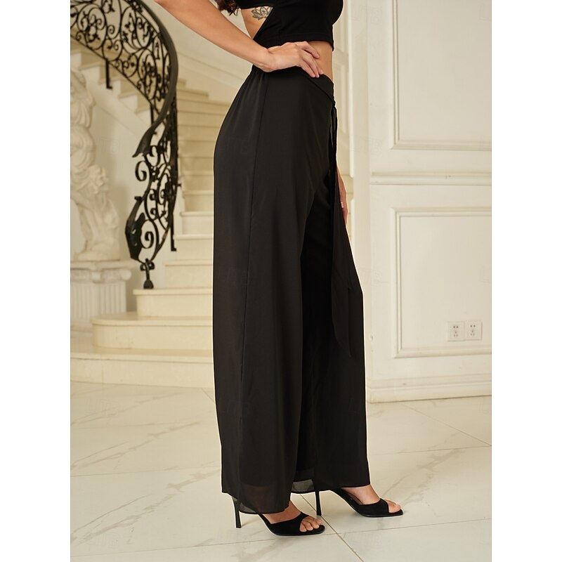 Women's Culottes Wide Leg Pants Trousers Elegant Full Length Medium Waist Plain Elastic Waist Micro-elastic Formal Office Dailywear Black Summer Spring Fall Loose Fit3