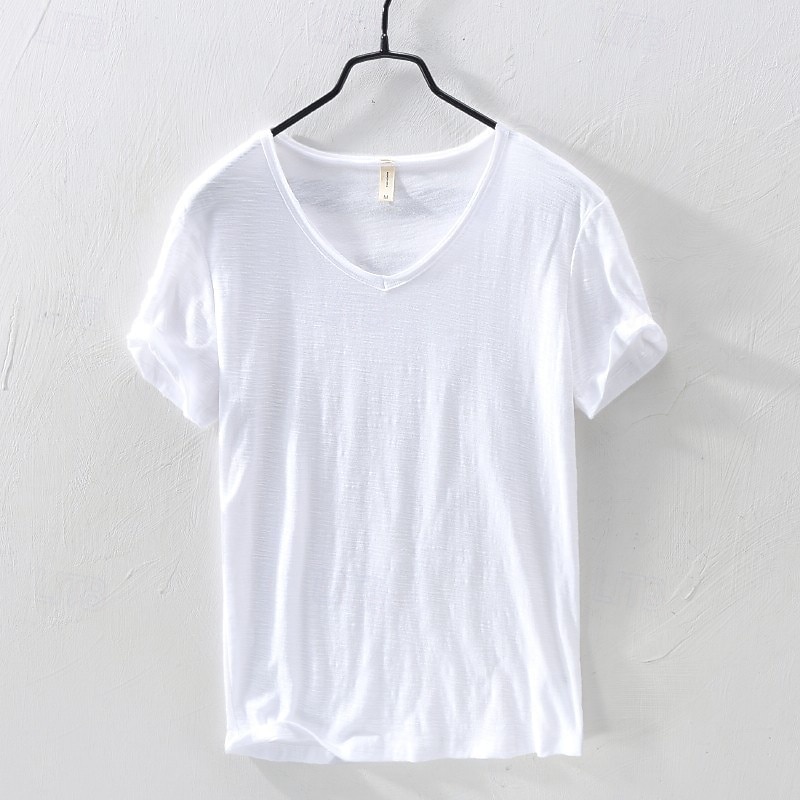 Men's Cotton T Shirt Tee Top Short Sleeve Short Sleeves V Neck Summer All Seasons Plain Fashion Designer Basic Classic Style Basic Vacation Street Casual Camel Black White Top Tee for Men