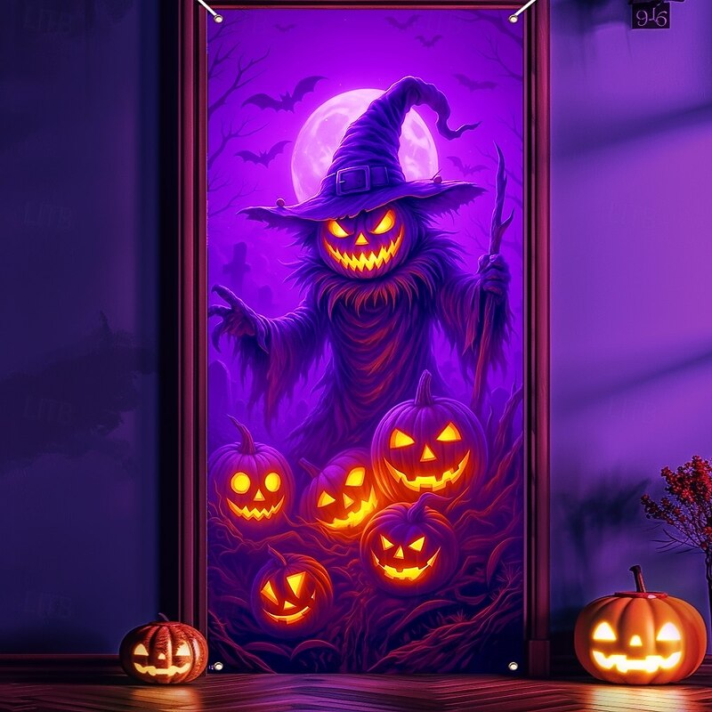 Halloween Door Cover Neon Pumpkin Face through Window Banner, Glowing Blacklight Entrance Decoration for Outdoor & Indoor 2025 Halloween Bedroom, Living Room, Bathroom2