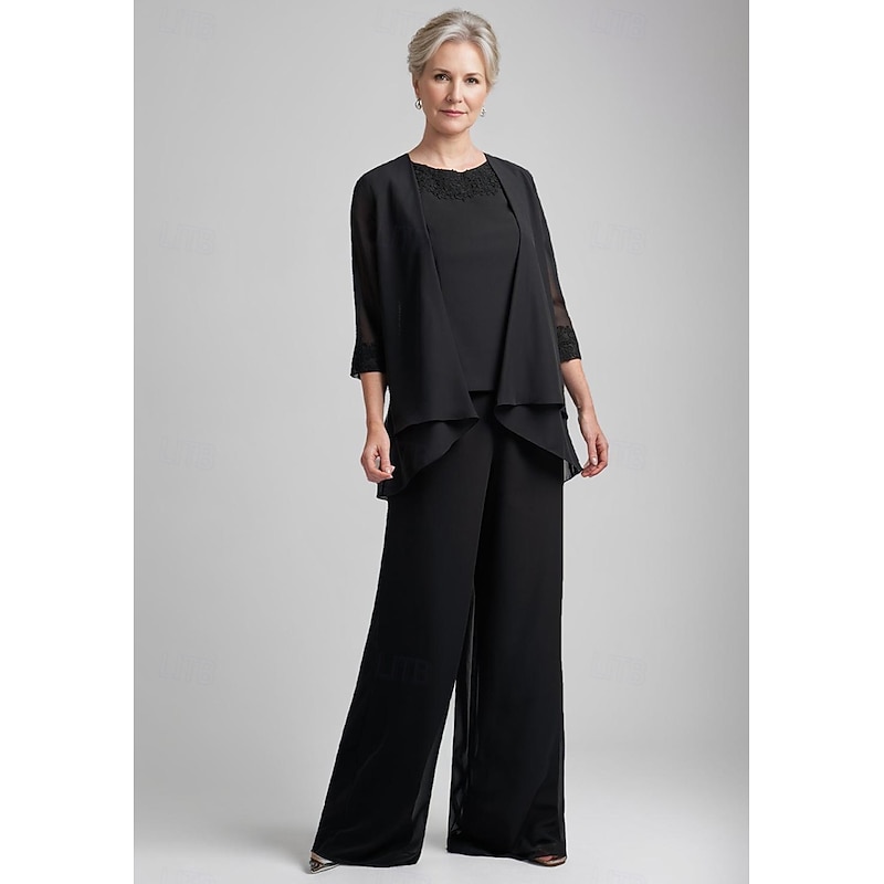 3 Piece Mother of the Bride Pantsuit Elegant Simple Luxurious Boat Neck Floor Length Chiffon Floral Corded Lace 3/4 Length Sleeve with Cascading Ruffles Jacket