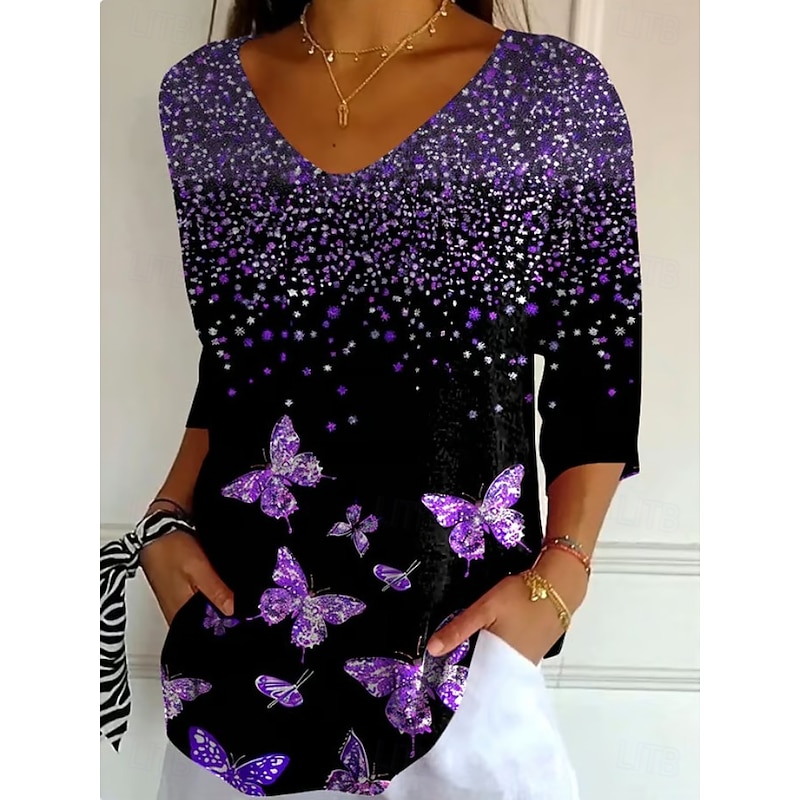 Women's Blouse Floral Graphic Vintage Tropical Stylish 3/4 Length Sleeve V Neck Regular Tops Daily Black Light Purple Purple Fuchsia Summer Spring Fall4