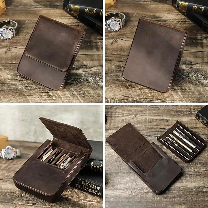 Vintage Genuine Leather Pen Box Case With 6 Slots Removable Pen Tray Holder Retro Pen Pouch Bags School Office Supplies2