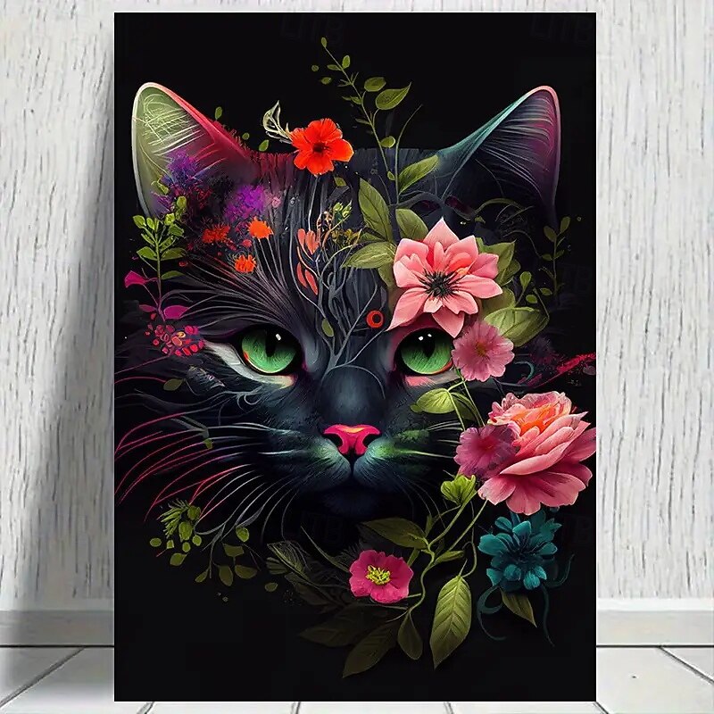 1 Vibrant Floral Cat Canvas Art Print Frameless Modern Wall Decoration Suitable For Living Rooms Bedrooms And Home Offices - Colorful Feline And Floral Designs Indoor Canvas Posters Cat Decoratio3