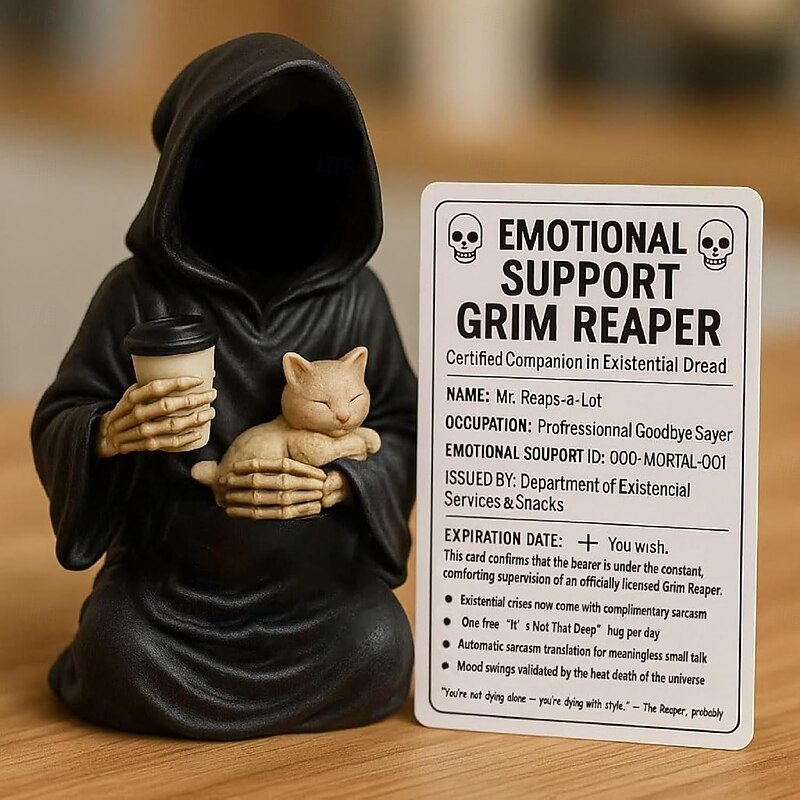 Emotional Support Grim Reaper Figurine Halloween Grim Reaper Statue with Emotional Support Card Gothic Gifts for Adults & Teens - Existential Dread Companion4