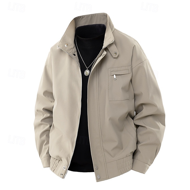 Men's Lightweight Jacket Casual Jacket Vacation Daily Windbreaker Pocket Spring Fall Plain Fashion Classic Stand Collar Regular Apricot Black Purple Green Khaki Jacket