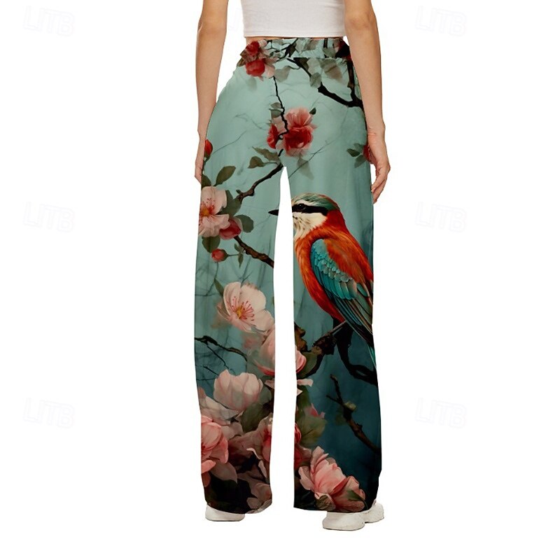 Women's Wide Leg Slacks Streetwear Casual Full Length Natural Flower Print Elastic Drawstring Design Soft Outdoor Vacation Street Green Fall Regular Fit2