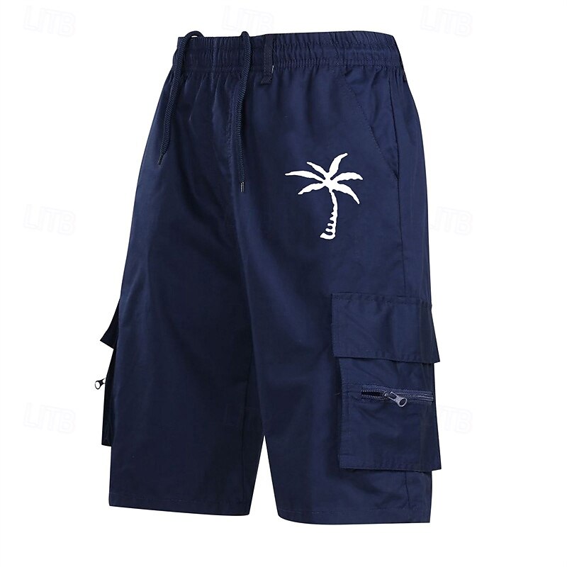 Men's Cargo Shorts Shorts Summer Shorts Elastic Waist Drawstring Multi Pocket Coconut Tree Comfort Wearable Knee Length Outdoor Sport Daily Fashion Casual Black Navy Blue2