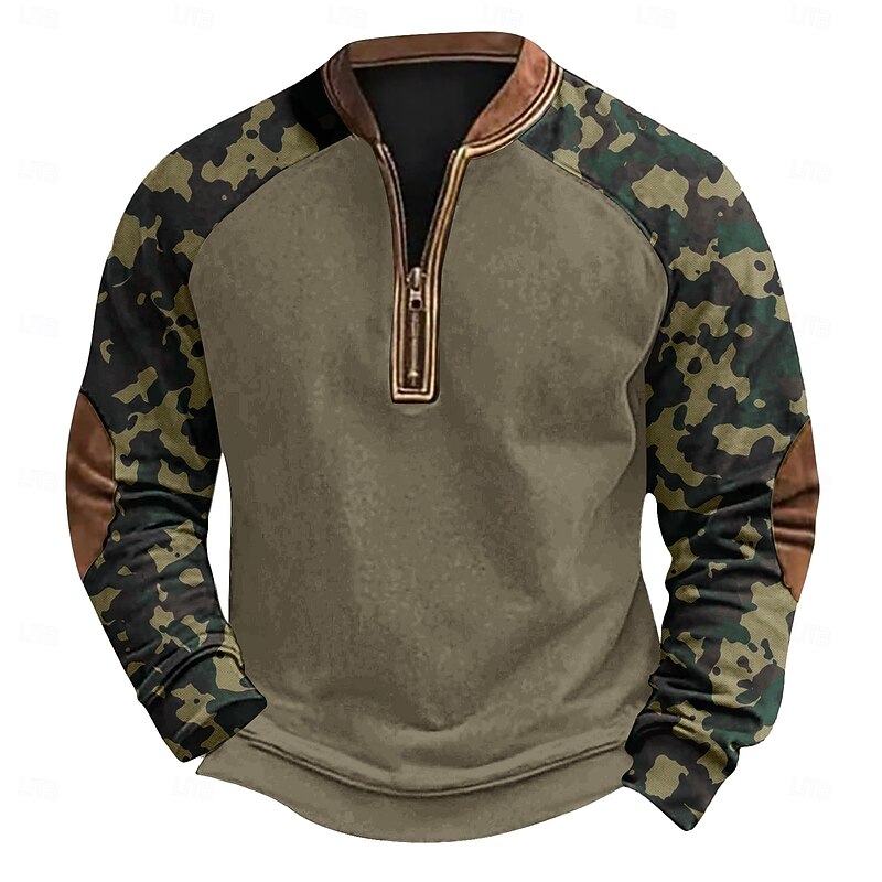 Men's Sweatshirt Quarter Zip Sweatshirt Black Dark Green Camouflage Green Gray Half Zip Color Block Camo / Camouflage Half Zip Print Casual Daily Holiday Polyester Vintage Streetwear Casual Fall4