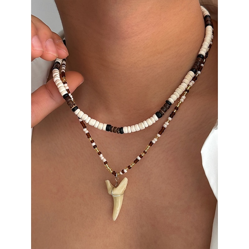 Men's Multi-Layered Tribal Beaded Necklace with Acrylic Tooth Pendant – Casual Bohemian Jewelry for Everyday Wear, Beach and Outdoor Events2