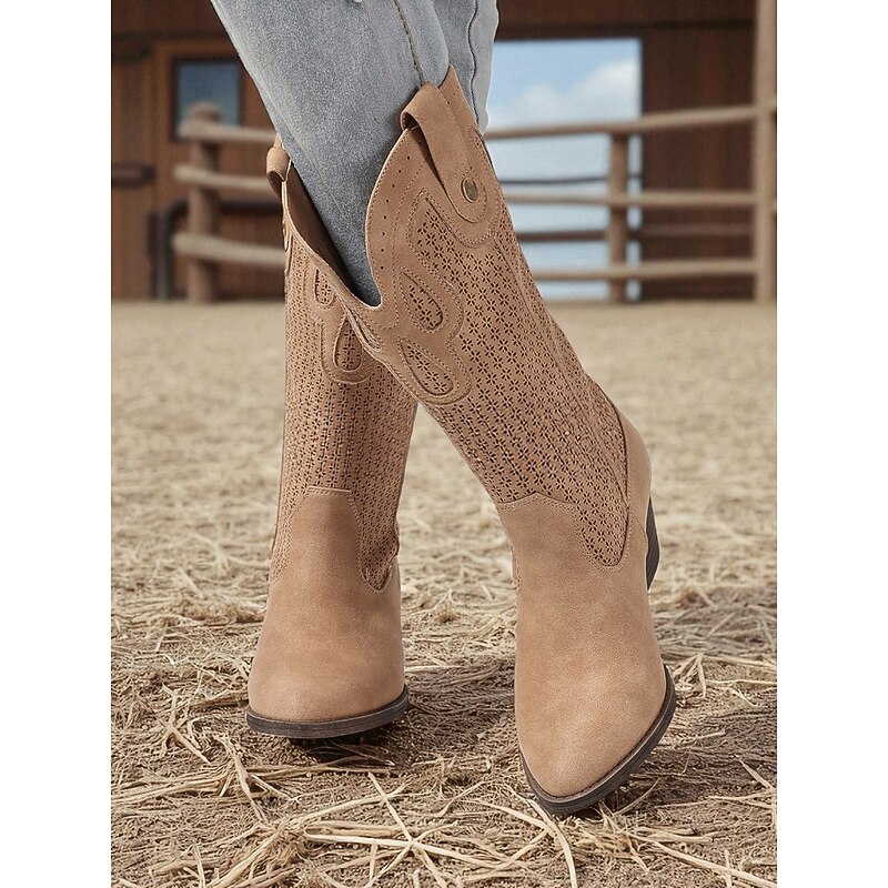 Women's Western Style Cowboy Boots – Brown Faux Leather Mid-Calf Boots for Fall Festivals, Pumpkin Patch & Country Outfits4