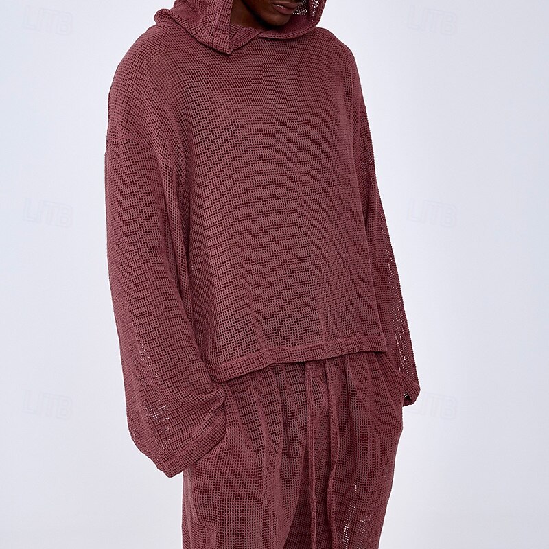 Men's Hoodie Tracksuit Sweatsuit Red Beige Hooded Plain 2 Piece Sports & Outdoor Daily Holiday Streetwear Basic Casual Spring Fall Clothing Apparel Hoodies Sweatshirts4