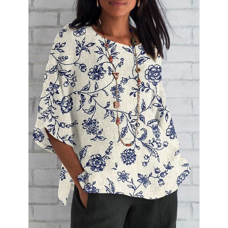 Women's Shirt Floral Daily Casual 3/4 Length Sleeve Crew Neck Regular Tops Daily Holiday Print Black Blue Apricot Summer Spring Fall