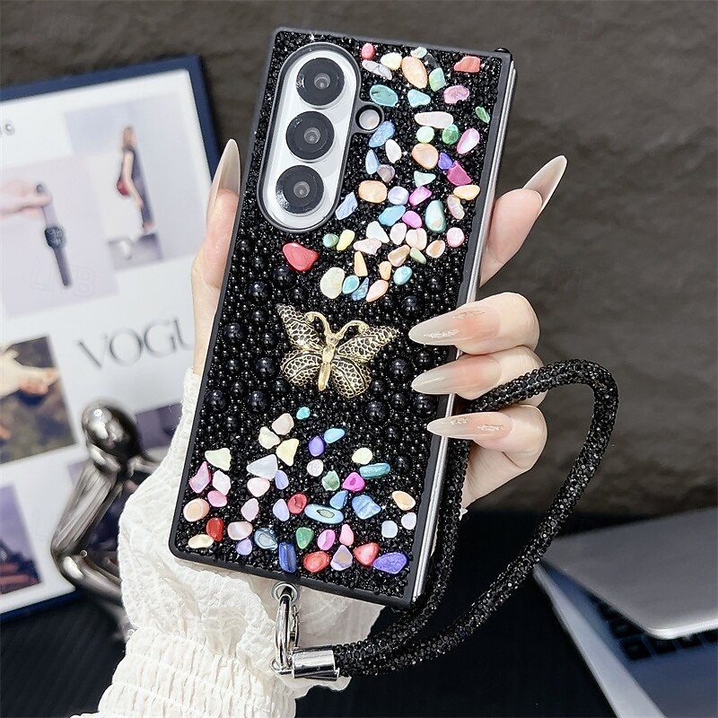 Phone Case For Samsung Galaxy Z Fold 7 Z Fold 6 Z Fold 5 Z Fold 4 Back Cover with Lanyard Bling Glitter Shiny Shockproof Butterfly Retro PC2