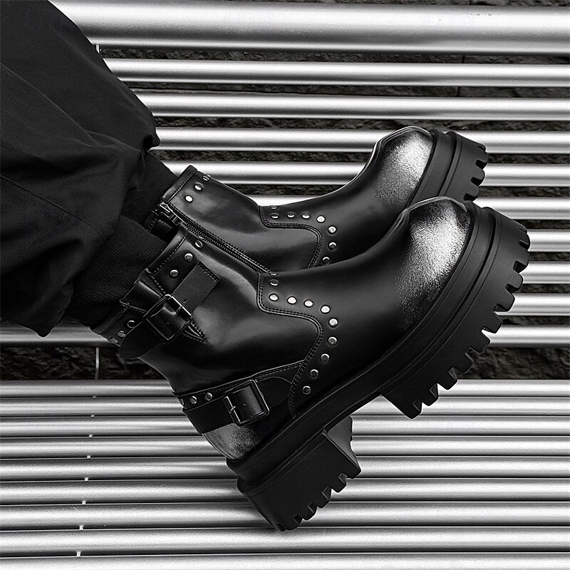 Men's Black Chunky Buckle Ankle Boots – Punk Rock Platform Combat Boots for Gothic Fashion & Fall Streetwear2