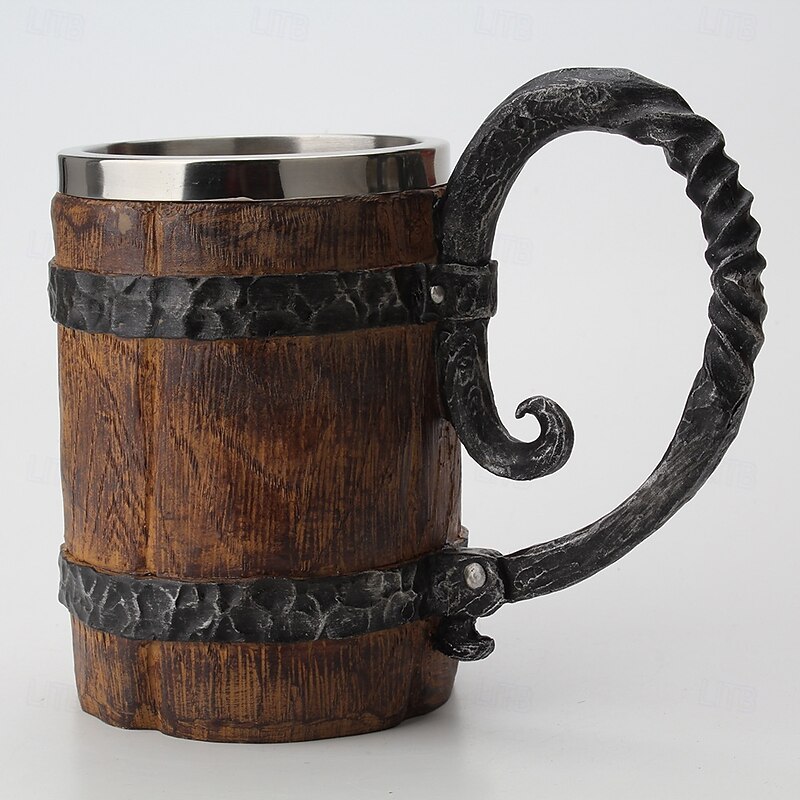 Halloween Mug Large Capacity Faux Wood Beer Mug with Stainless Steel Liner Oversized Handle Wooden Barrel Style Cup for Beer and Beverages Halloween Party Decor4