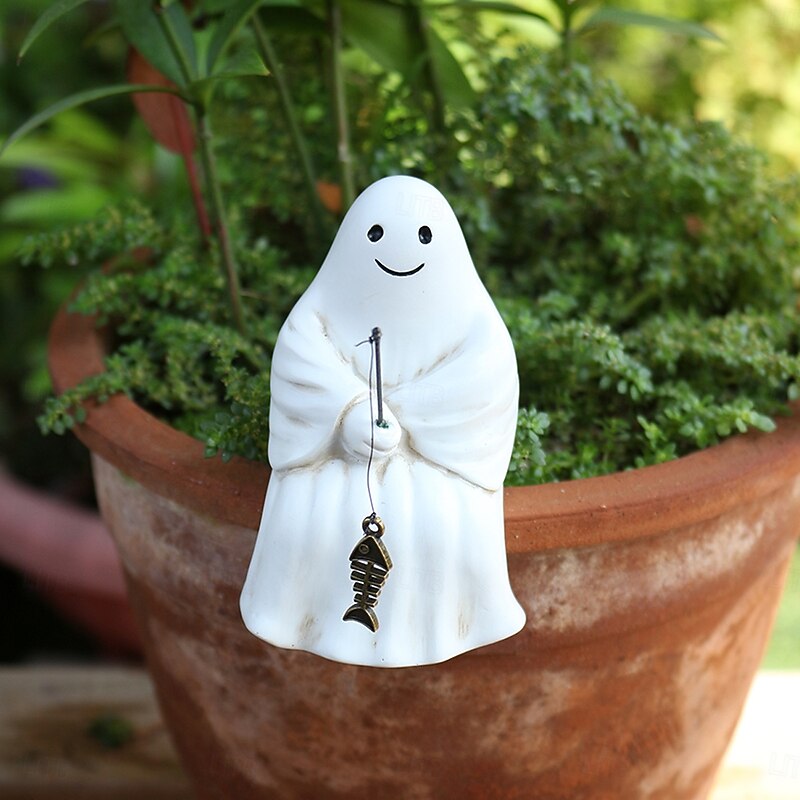 Halloween Resin Fishing Cute Ghost Decoration Figurine, Spooky Outdoor Yard Planter Balcony Pond Pavilion Decoration, Halloween Garden Ornament