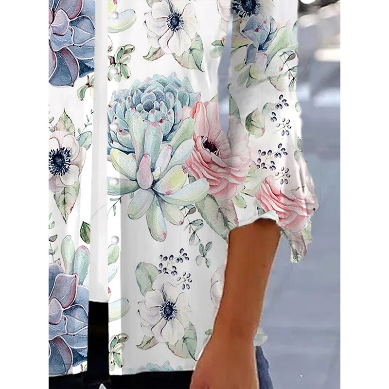 Women's Shirt Floral Graphic Elegant Vintage Daily 3/4 Length Sleeve V Neck Regular Tops Daily Going out Ruffle Buttons White Pink Blue Summer Spring Fall3