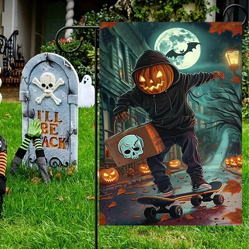Halloween Garden Flag Banner – Skateboarding Pumpkin Boy under Moonlight, Double-Sided Weather-Resistant Yard Flag for 2025 Halloween Holiday Outdoor Lawn, Porch Decoration3