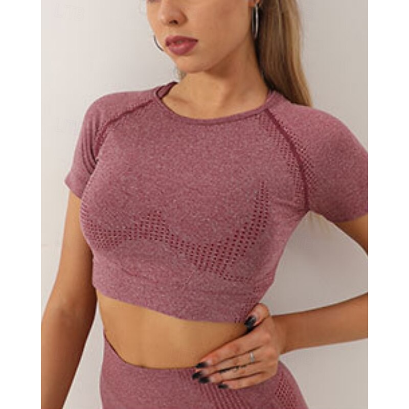 Women's 2 Pieces Workout Sets Shorts and Crop Top Solid Color Clothing Suit Dark Grey Lake Blue Gym Workout High Waist Stretchy Breathable Short Sleeve Sport Activewear Slim4