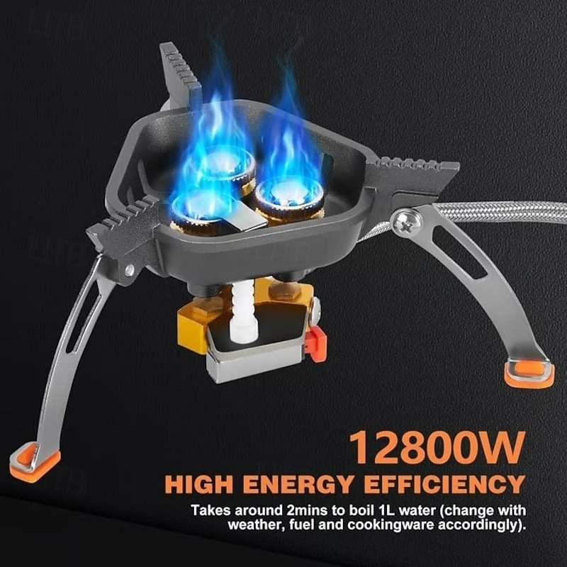 12800W Windproof Camping Stove Camping Gas Stove with Piezo Ignition Portable Foldable Triple Burner Outdoor Butane Stove for Hiking Backpacking Cooking BBQ