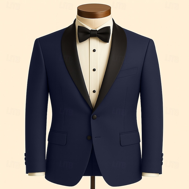 Men's Blazer Jacket Shawl Collar Fashion Retro Vintage Classic Solid Colored Blazer Navy Blue Slim Fit Single Breasted One-button