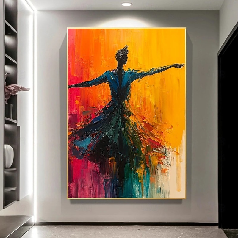 Handmade Pure Abstract Dance Oil Painting Graceful Silhouette Motion Vivid Colors Bold Background Textured Canvas Art Modern Living Room Home Decor Wall Art Dynamic Elegant