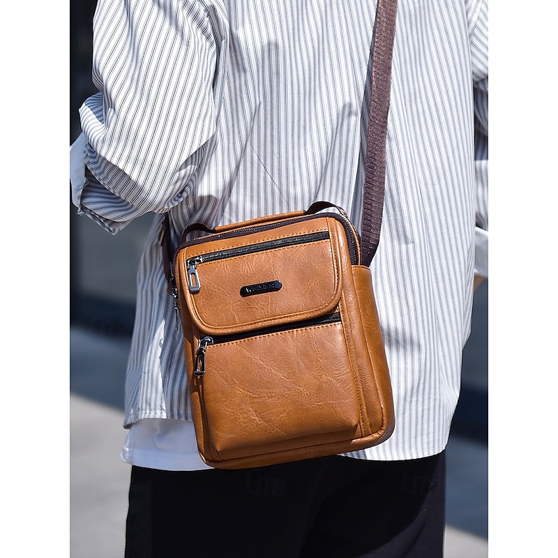 Men's Waterproof Faux Leather Crossbody Bag with Multi-Pocket Design – Casual Travel Shoulder Messenger Bag for Daily Commute, Work or Weekend Outings
