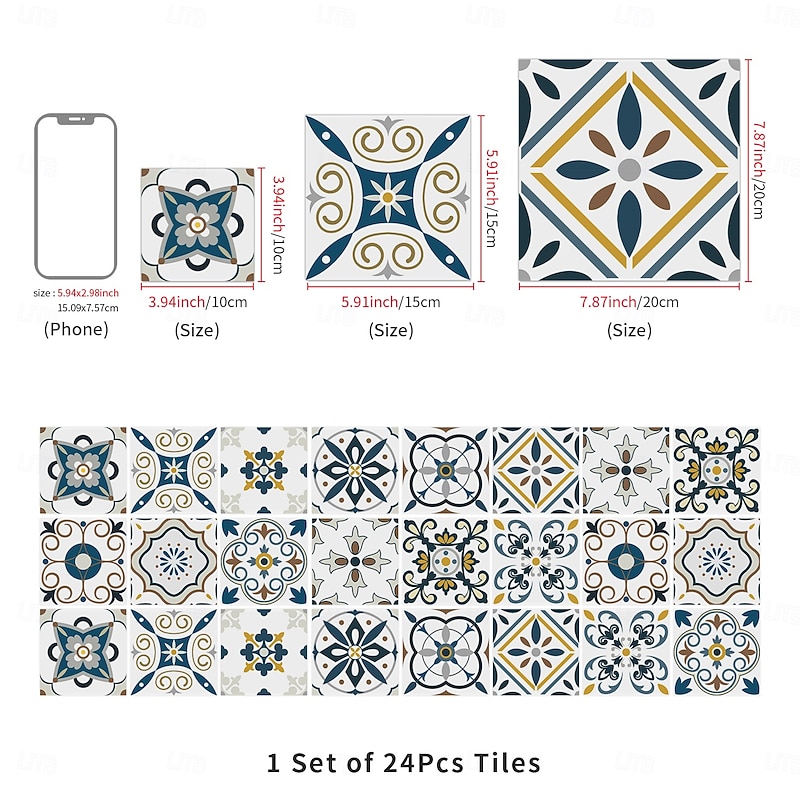 24pcs Thickened crystal filmMoroccan Style TileStickers Retro PVC Wall DecorWaterproof & Oil-proof RemovableFor Bathroom Kitchen DecorVintage Home Decor2