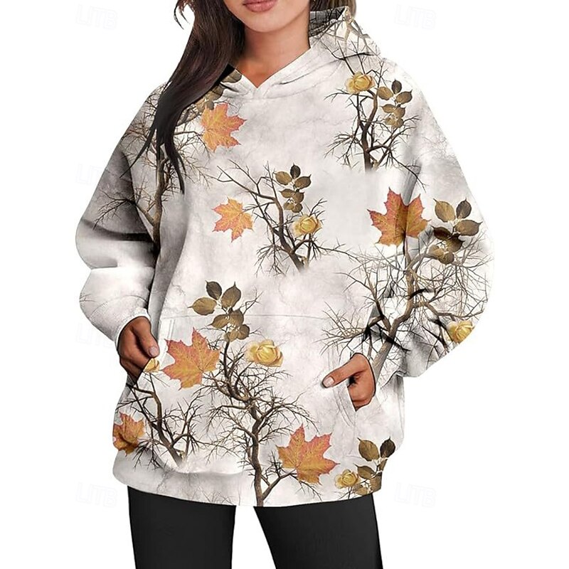 Women's Pullover Hoodie Sweatshirt Floral Streetwear Casual Long Sleeve Hooded Regular Tops Street Holiday Going out Pocket Print White Orange Green Khaki Light Grey Fall Winter