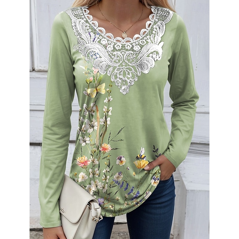 Women's Blouse Tunic Lace Splicing V Neck Long Sleeve Floral Graphic Plants Vintage Crew Neck Tops Daily Going out Weekend Lace Patchwork Print White Yellow Blue Sky Blue Purple Spring Fall Prefall
