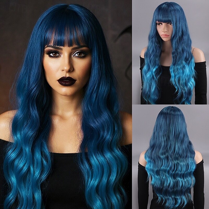Long Tea Blue Wavy Wig for Women – Full Head Cap, Natural-Looking, Large Waves, Full Bangs, Perfect for Halloween, Cosplay, and Fashion Looks