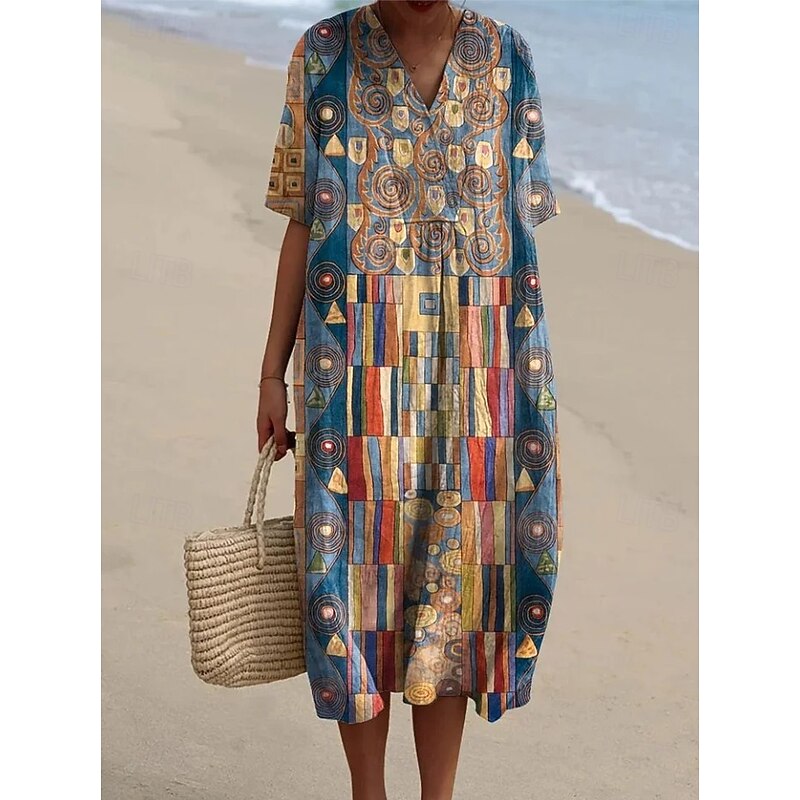 Women's Midi Dress Sundress A Line Dress Vacation Casual Beach Party Going out Beach Loose Fit Graphic Geometric Short Sleeve V Neck Dark Yellow Pink Blue Orange Summer Spring