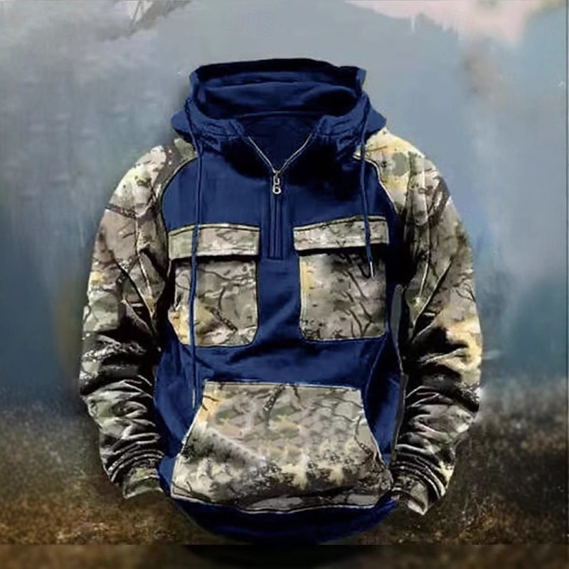 Men's Hoodie Quarter Zip Hoodie Tactical Hoodie Black Army Green Burgundy Royal Blue Khaki Hooded Camouflage Patchwork Sports & Outdoor Casual Daily Streetwear Cool Designer Spring &  Fall Clothing2