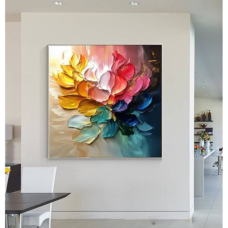Hand Painted Artisan Multicolor Blossom Oil Painting Vibrant Gradient Petals Textured Impasto Brushwork Framed in Natural Wood Modern Eclectic Homewith Teal Accents frame Painting4