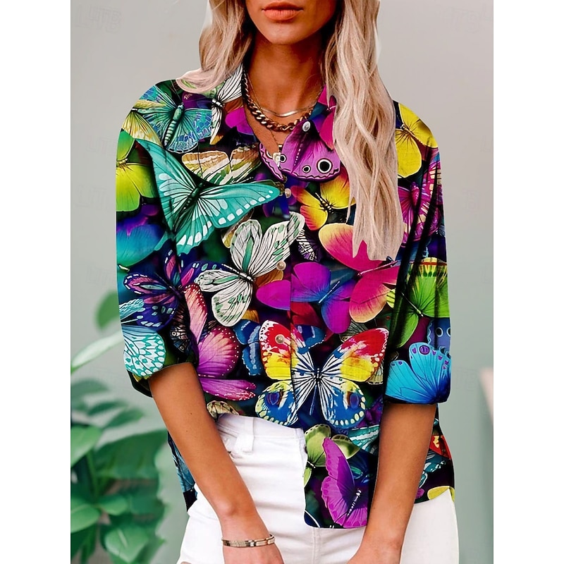 Women's Shirt Floral Butterfly Active Daily Stylish Long Sleeve Shirt Collar Regular Tops Daily Holiday Buttons Print White Yellow Blue Purple Green Summer Spring Fall4
