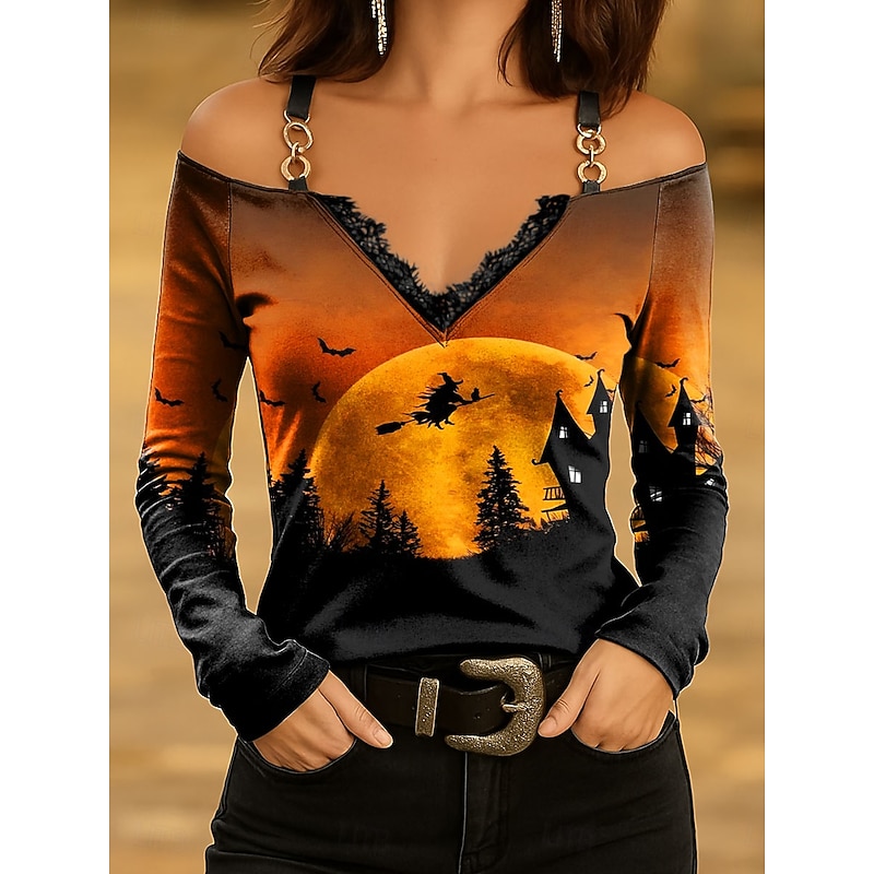 Halloween Women's T shirt Witch Graphic Vintage Stylish Classic Long Sleeve V Neck Regular Tops Daily Lace Print Blue Purple Orange Green Spring Fall