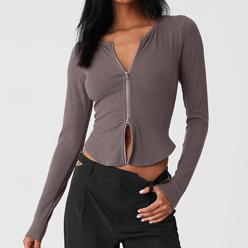 Women's Activewear Stretchy Breathable Full Zip Long Sleeve Sports Solid Color Top For Gym Dance Athletic Tight Fit Activewear3