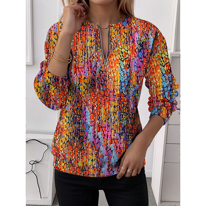 Women's Quarter Zipper Sweater Graphic Abstract Casual Long Sleeve Crew Neck Regular Tops Street Dailywear Half Print Red Blue Purple Green Fall Winter