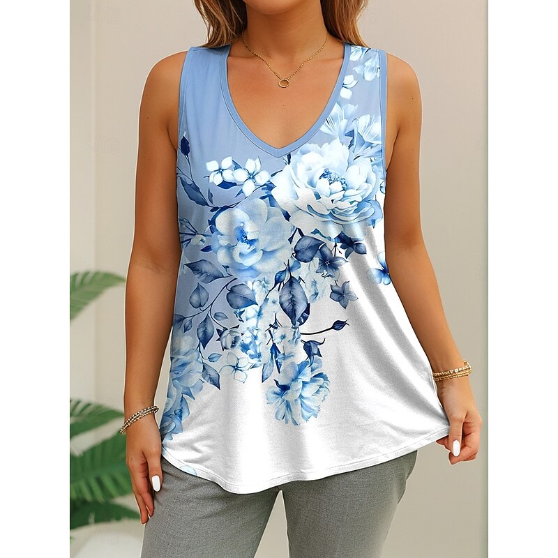 Women's Plus Size Tops T Shirt Floral Graphic Sleeveless V Neck Casual Daily Polyester Summer Red Blue4