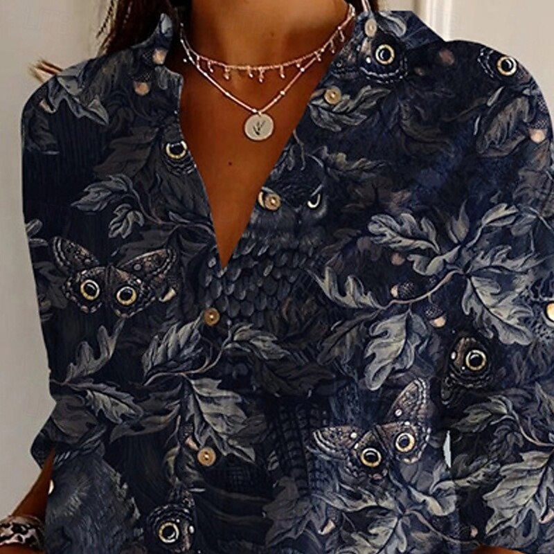 Women's Shirt Animal Print Vintage Stylish Long Sleeve V Neck Regular Tops Daily Holiday Going out Buttons Print Navy Blue Summer2